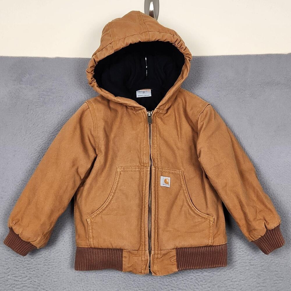 Carhartt Jacket Kids 3T Brown Canvas Hooded Insulated Quilt Lined Winter